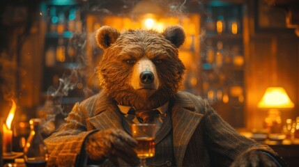 Wall Mural -  a  bear dressed in a suit sitting at a table with a glass of beer in front of him and a lit candle in the corner of the room in the background. 