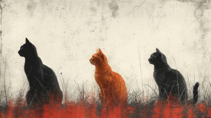 Wall Mural -  a painting of three cats in a field of tall grass, one of which is looking up at the sky and the other one is looking up at the sky.