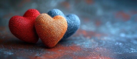 Poster -  a couple of knitted hearts sitting next to each other on top of a red and blue tablecloth covered table with a red and blue heart on it's end.