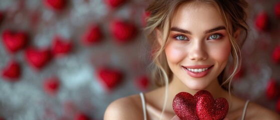 Wall Mural -  a close up of a woman holding a heart shaped object in front of a heart - shaped backdrop of red hearts with a smiling woman's face in the foreground