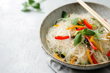 Delicious Asian rice glass noodles with Vegetables. Image for cafe and restaurant menus