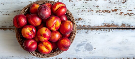 Canvas Print - Basketful of Juicy Nectarines on a White Wooden Table: A Bountiful Basket of Nectarines Adorned on a Rustic White Wooden Table