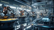 A Futuristic Assembly Line, Where Robots Collaborate Seamlessly, Their Metallic Limbs Orchestrating A Symphony Of Efficiency, Heralding The Dawn Of A New Era In Automation.