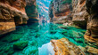 crystal blue water in the middle of a gorge. a lost and inaccessible place. Generative AI