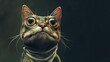 A digital artwork features a highly detailed, close-up portrait of a wide-eyed tabby cat with exaggerated features against a dark background. Looks like a frog.