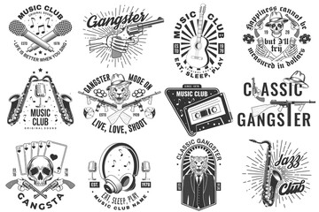 Poster - Set of gangster and retro music poster, banner. Vintage design for t shirt, emblem, logo, badge design with gangster, submachine gun and retro microphone, saxophone, audio cassette, guitar. Vector.