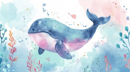 Wall Mural - Cute whale watercolor illustration. Watercolor painting of whale. Clip art composition of humpback whale with flowers in the sea.