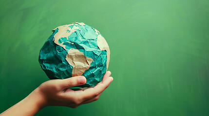 Wall Mural - Close-up image of an earth-like sphere made of paper in hand