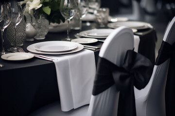 A solemnly laid table with a black tablecloth, white plates and floral decoration, chairs decorated with a white cover and a black ribbon. A dining table for a wedding or funeral.