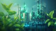 © Orxan - Green industry concept with factory and leaves in futuristic glowing low polygonal style on blue