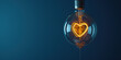Yellow heart in electric light bulb on blue studio background with copy space empty place for text. Valentine's day, creative idea, Inspiration share love concept. Copy paste place for text