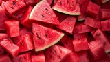 Top view of macro close up of juicy and fresh watermelon wedges on a white background
