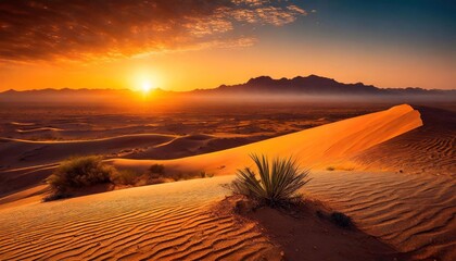 Wall Mural - Sand dunes, desert with mountain ranges and sunset.