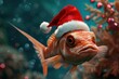 A festive image of a fish wearing a Santa hat swimming in an aquarium. Perfect for Christmas-themed designs or holiday promotions