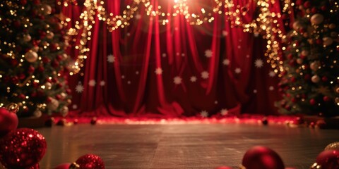 Poster - A stage with red curtains and festive Christmas decorations. Perfect for holiday performances and events