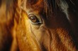 A detailed view of a brown horse's eye. This image can be used to depict the beauty and depth of horses or to convey emotions and expressions through their eyes