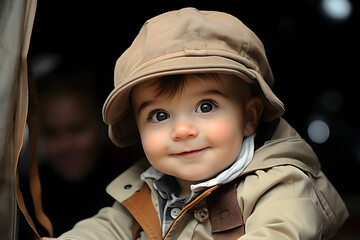 Portrait of a small smiling cute boy with beautiful eyes wearing a stylish fashionable hat