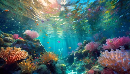 Wall Mural - Underwater view of coral reef with tropical fish and rays of sunlight
