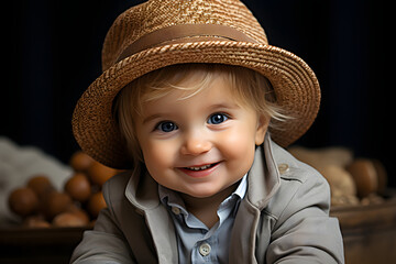 Portrait of a small smiling cute boy with beautiful eyes wearing a stylish fashionable hat and clothes