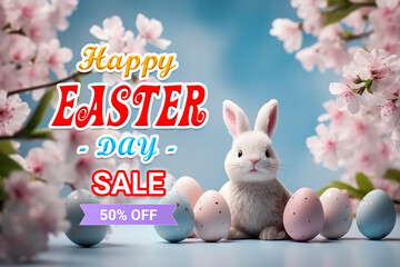 Sticker - happy easter day poster template with a background of colorful eggs and rabbits in the meadow
