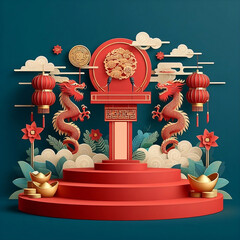 Wall Mural - Chinese New Year poster for product demonstration. Red pedestal or podium with dragon, lantern and ingot in Vector Illustration Background design with space for copy created with generative ai