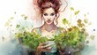 Female gardener with greenery in a vibrant watercolor style with splashes. White background. Concept of gardening, joy, nature, eco-friendly lifestyle, growth.