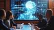 Group of corporate professionals intensely discussing the ethical implications of artificial intelligence in a modern conference room, illuminated by a holographic brain projection