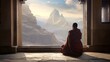 A monk in contemplation at a mountain temple during sunrise. Concept of meditation, serenity, spirituality, introspection, calmness