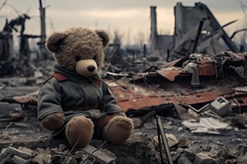 Wall Mural - Sad teddy bear sitting in front of a city destroyed by war. Destroyed and bombed buildings show the destruction of war.