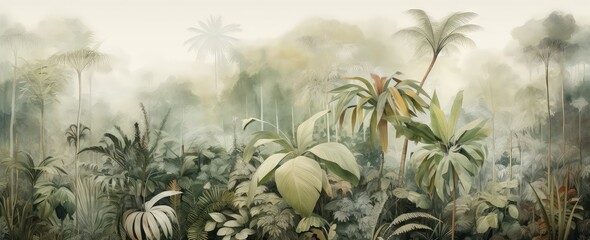 Wall Mural - Watercolor pattern wallpaper. Painting of a jungle landscape in retro style.