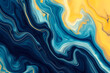 Dynamic abstract image with blue and yellow swirls creating a marbled pattern with a sense of fluidity and motion.
