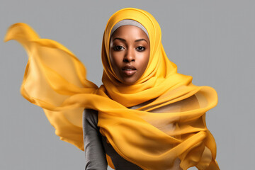 Wall Mural - Portrait of beautiful black skin woman wearing hijab over white png background. Waving head scarf, femininity, concept of goods for muslim islamic women. Copy space for text and design.