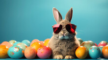 Cute Easter Bunny Rabbit In Cool Sunglasses With Colorful Easter Eggs .Easter Egg Hunt Concept. Bunny Easter With Sunglasses And Eggs.Cool Easter Bunny Wearing Sunglasses 