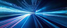 Abstract Image Of Blue And White Light Streaks Rushing Through A Data Tunnel, Representing High-speed Information Transfer.