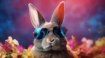 Wall Mural - Cute Easter bunny rabbit in cool sunglasses with colorful easter eggs .Easter egg hunt concept. bunny easter with sunglasses and eggs.Cool Easter bunny wearing sunglasses 