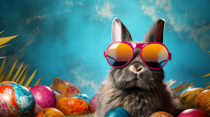 Wall Mural - Cute Easter bunny rabbit in cool sunglasses with colorful easter eggs .Easter egg hunt concept. bunny easter with sunglasses and eggs.Cool Easter bunny wearing sunglasses 