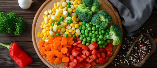 Canvas Print - Delicious Frozen Mixed Vegetable Combination Gorgeously Presented on a Rustic Wooden Plate