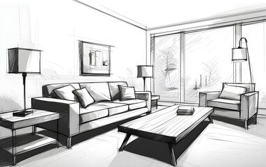 vector illustration, living room sketch, vector black and white house interior drawing