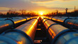 Factory pipeline at sunset, natural gas and oil pipes of refinery plant or petrochemical industry. Perspective view of steel industrial tube lines. Concept of energy, crude, background