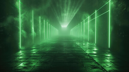 Futuristic neon garage background, perspective view of empty hallway with geometric led green light. Modern design of abstract room, dark grungy hall interior. Concept of studio, scene