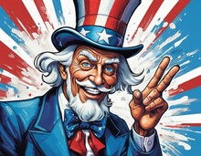 Cartoon Uncle Sam. Using Blue, Red And White Colors.