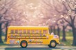 A classic yellow school bus, gracefully transformed with an Easter theme, is positioned against a softly of a cherry blossom orchard in full bloom. The bus is adorned with playful Easter decals