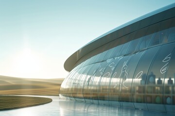 A futuristic factory, with a striking, curved glass facade, is showcased against a softly blurred backdrop of rolling hills under a clear, blue sky. The factory's Easter theme