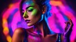© Gegham - portrait of a woman with creative make up, pretty young woman UV Neon Pigment Makeup Fluorescent colors, dark background, UV makeup