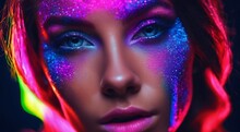 Portrait Of A Woman With Creative Make Up, Pretty Young Woman UV Neon Pigment Makeup Fluorescent Colors, Dark Background, UV Makeup