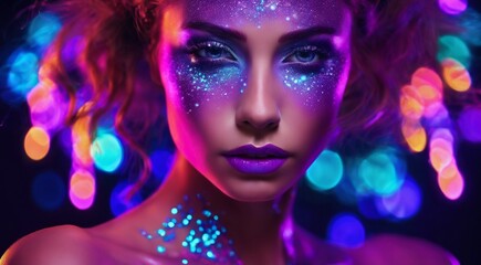 portrait of a woman with creative make up, pretty young woman UV Neon Pigment Makeup Fluorescent colors, dark background, UV makeup