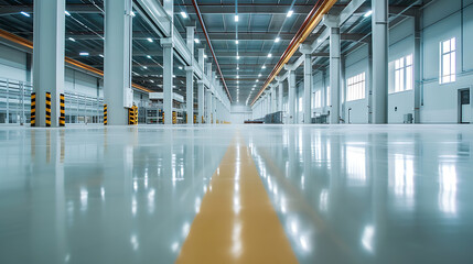 floor with self-levelling white epoxy resin in industrial warehouse