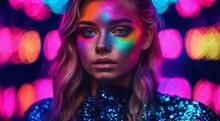 Portrait Of A Woman With Creative Make Up, Pretty Young Woman UV Neon Pigment Makeup Fluorescent Colors, Dark Background, UV Makeup