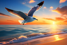 Seagull Flying In The Sky By The Sunset Beach In The Evening Generative AI