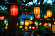 Japanese lantern festival with colorful lanterns hanging from tree